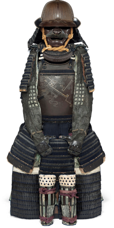 A TETSUDO GUSOKU [IRON CUIRASS ARMOUR] with iron menpo [face mask] with horse hair moustache, the cu