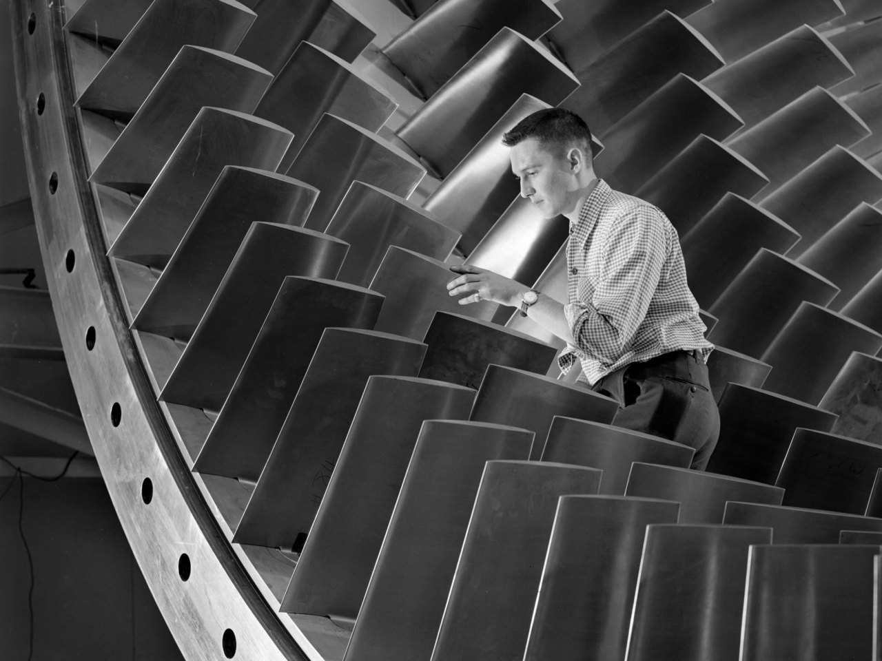 NACA Engineer Examines Wind Tunnel Compressor Blades