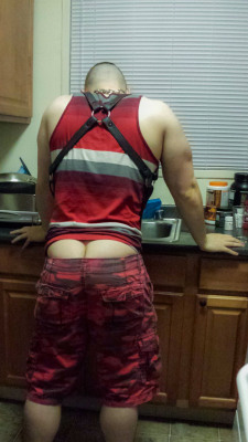 noodlesandbeef:  Small tweaks to lil’ pups day-to-day wear: Always wear a jockstrap Tank top to show off his arms and collar Cargo shorts that are a bit loose Leather suspenders to keep his shorts from falling off completely Its not practical to keep