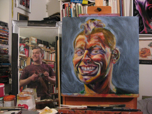 Process pics of self-portrait, 18"x18", acrylic on canvas