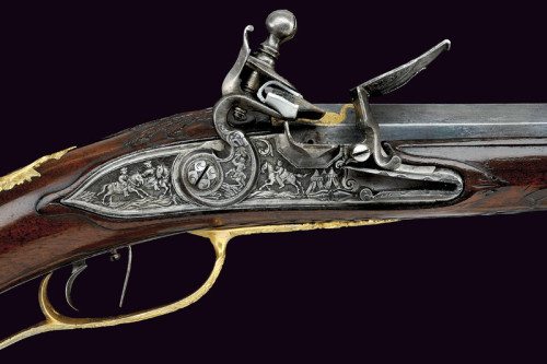 Flintlock rifle decorated with gilt brass, crafted by G. B. Kirchberger of Carlsbad. Bohemia, mid 18