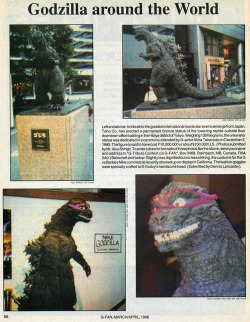 astoundingbeyondbelief:  Toho’s then-recently installed Godzilla statue and the suit used for a certain Nike ad involving Charles Barkley. From G-FAN #20, March/April 1996. 