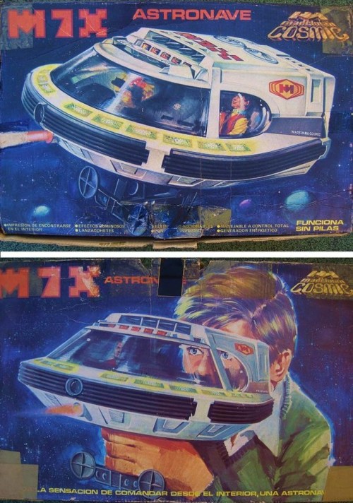 70sscifiart: Box art for the Madelman Cosmic MX-7 spaceship, 1980