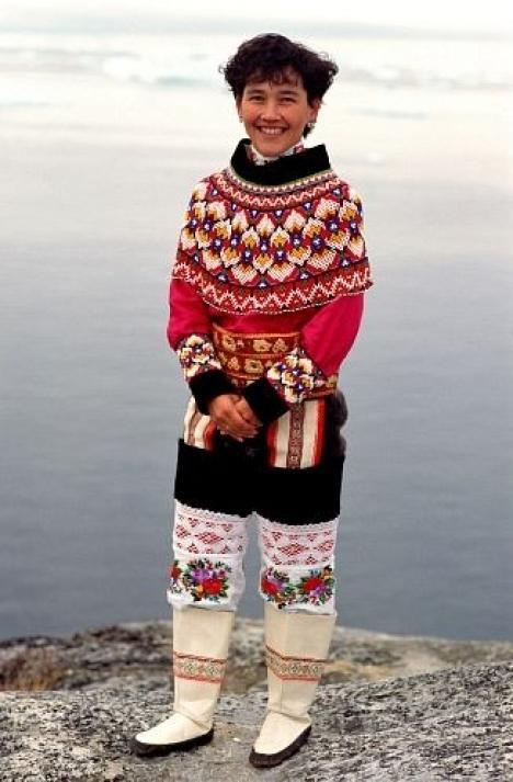 Woman dressed in traditional beaded West Greenlandic costume