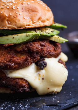 verticalfood:  Crispy chicken, mozzarella and avocado burgers with lemon mayo