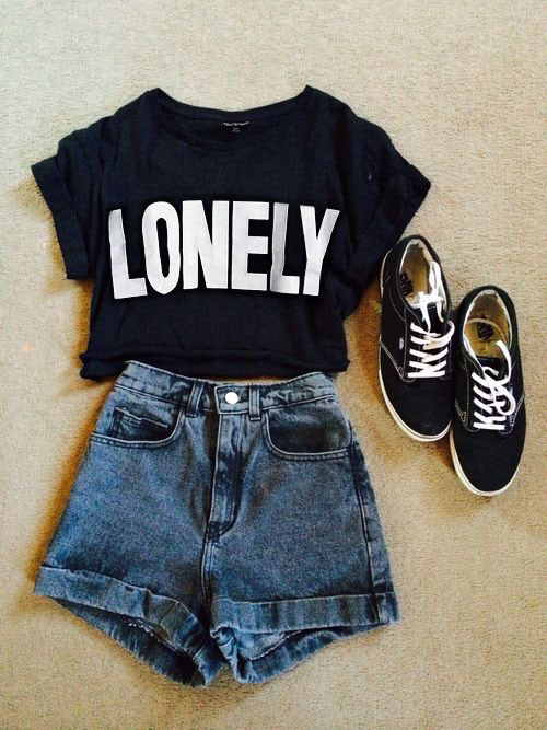 msfairyfashion:  FREE SHIPPING OVER ๠ Fashion Embroidered Letters Half Sleeve Pullover T-shirt Denim short 