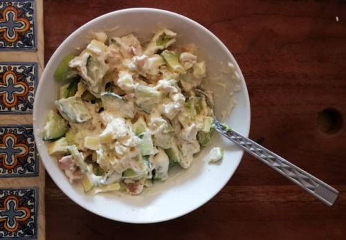 alittlebitofketo: Chicken salad thing. Chicken from last night, cucumber, cheese, avo, sour cream an