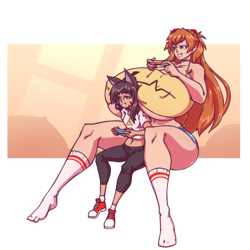 super-spartan character Scarlet just chillin with a beeg Asuka while playing some games :3who is win