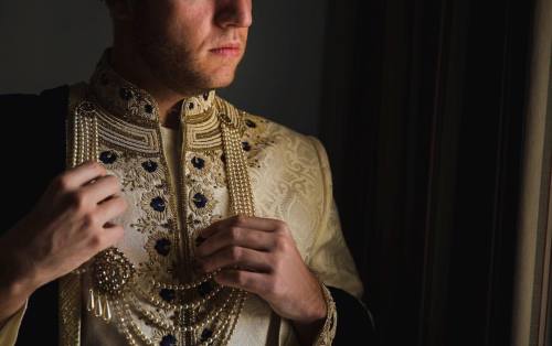 An Irish groom in a sherwani. I love it when grooms embrace their partner’s culture ⠀ _⠀⠀ View