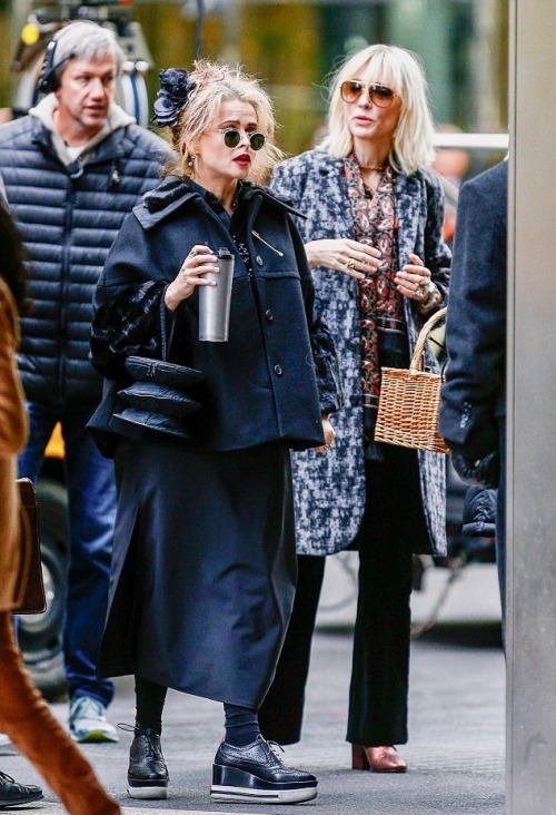 Helena Bonham Carter, Cate Blanchett and Sandra Bullock are seen filming on the set of ‘Ocean’s Eigh