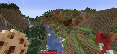 theminecraftbee:[image ID: three screenshots of the terraforming around pearl’s new megabase a