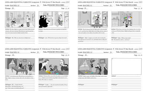 Beat board and story panels for a commercial script “Poochie Pouches”. Last storyboard a