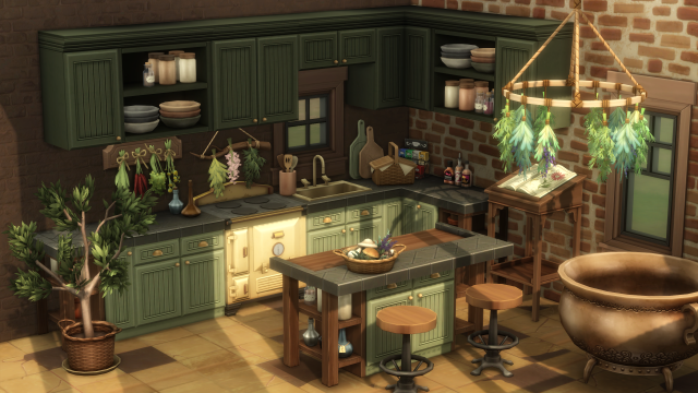In-game preview of myshunosun's Herbalist Kitchen set for The Sims 4.