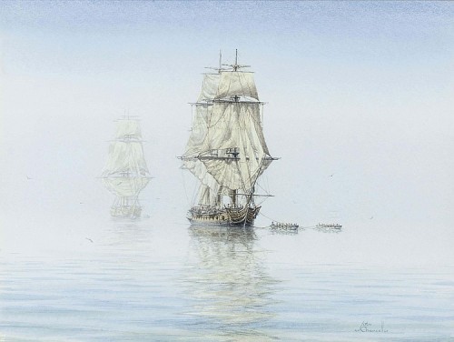 ltwilliammowett:Two becalmed frigates looking for a breeze, by John Russell  Chancellor(1925- 1984)