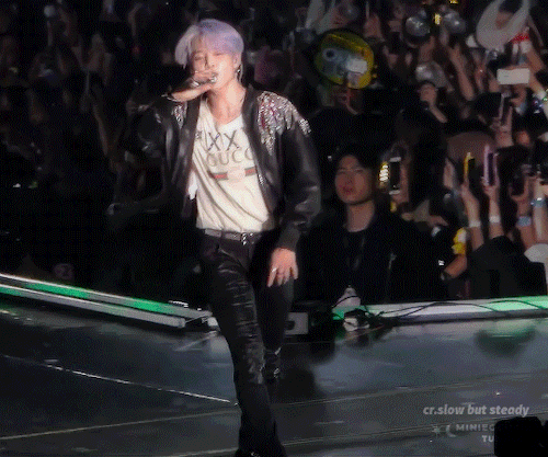 Jimins Lilac Hair, Jimin In Leather Pants, Jimins Jacket Falling Off One Shoulder, Jimin Sauntering Towards