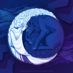 randomrizzle:  My half of another music inspired art trade, this time with Nero-aljon! She linked me to this lovely song for inspiration. It almost immediately brought to mind the good ole fantasy staple: ladies with wings sittin’ on the moon. That