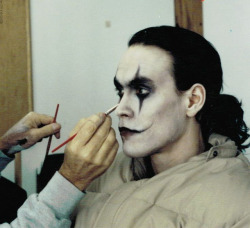 fuforthought:Brandon Lee having his make-up applied for his landmark role in “The Crow”.