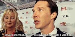 chrysevertrue:  bennybatch:  corneliapornelia:  Requested by anonymous: Benedict getting asked about when he officiated his friend’s marriage in Ibiza   What a lovely man :’)  IT WASN’T A GAY WEDDING, IT WAS A WEDDING. I love you good sir. 