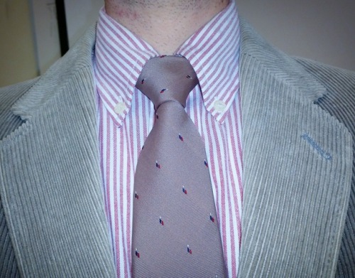 Going a little 80s.  Red striped oxford with the beige foulard tie and grey corduroy blazer.  The wa