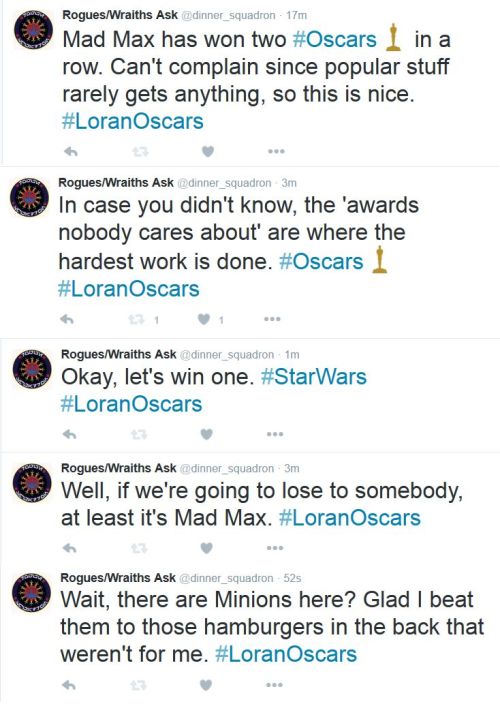askroguesquadron:Our own Face Loran livetweeted the Oscars and ate food that probably wasn’t meant f