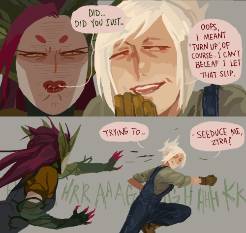 suqling:  Many tears were leeked during the collaboration between sesamedi and I.. she worked on gardener!Riven and I did ugly-overalls!Zyra. Lettuce bring you some painjoy this evening. (stitched version) (Flower Power Riven)
