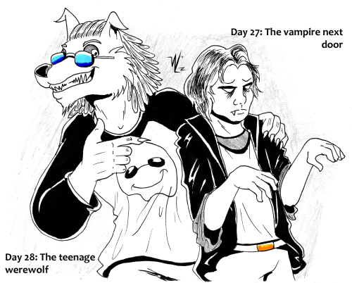 Day 27 & 28 The vampire of the next door and the teenage werewolfRemember the kids from the days 11 & 12 from my previous pictures? Welp they finally grown up. @dropthedrawings #Vampire#werewolf#Ulrich#boring#cool boy#introvert#extrovert#funny#silly#ink#inktober2019#kidsinktober#dropthedrawing#traditional art