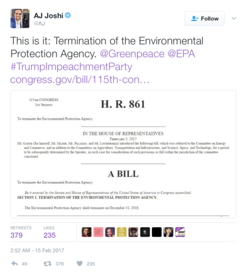 gabbyzvolt25:eldritch-augur:bitterbitchclubpresident:the bill is one line:Terminate the EPA on dec 3