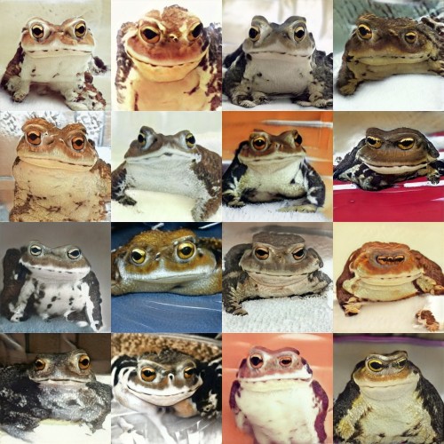 Select toads from early into training StyleGAN2-ADA on chikurinkun’s charming toads from Tumblr and 