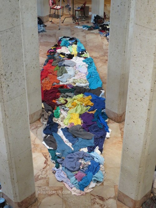 hifructosemag:From certain angles, works by Noah Scalin can just look like piles and piles of clothes strewn along the floor. But at the right angle, absorbing portraits come into focus. See more on HiFructose.com.
