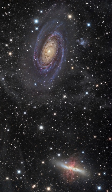 thedemon-hauntedworld:M 81 (Bode’s Galaxy), M 82 (Cigar Galaxy) and part of IFN, Messier 81 (B