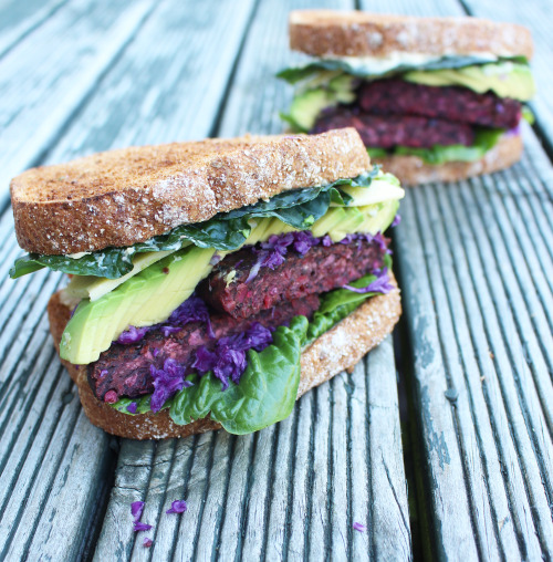 Vegan cheese/black bean patty/lettuce/purple cabbage/avocado/hummus