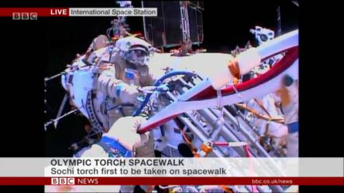 Screencaps from BBC coverage of the EVA torch relay today