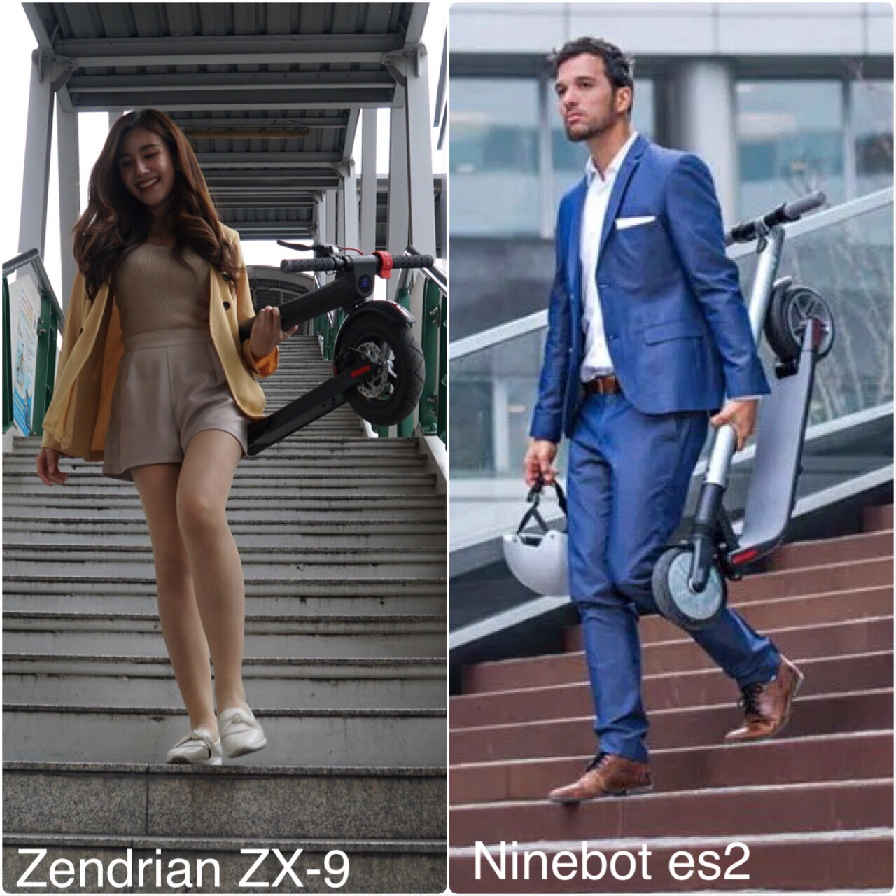 Girl carries Zendrian ZX-9 down BTS stairs, man carries Ninebot ES2 down stairs
