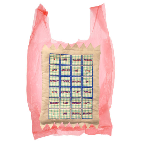 fruitmarket:recent project about mania & grocery shoppingwords embroidered onto fabric, sewn int