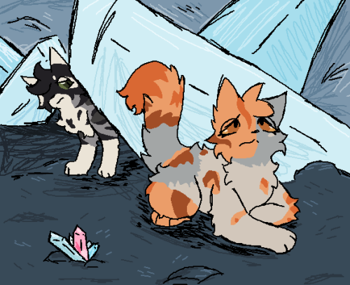 Sky Star is looking up, thoughtfully, and Prim Fox is behind a big crystal, eavesdropping. there are nine crystals in the image, one of which is pink