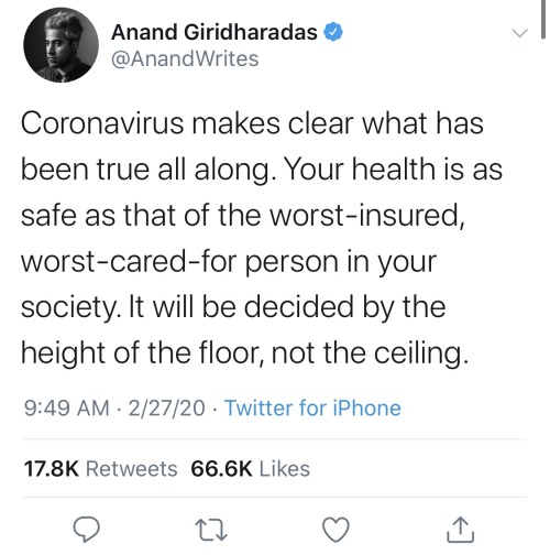 odinsblog:A timely reminder that we are truly all in this together. I am not safe until everyone is safe. My healthcare is incomplete until everyone has healthcare. Healthcare is a human right. 