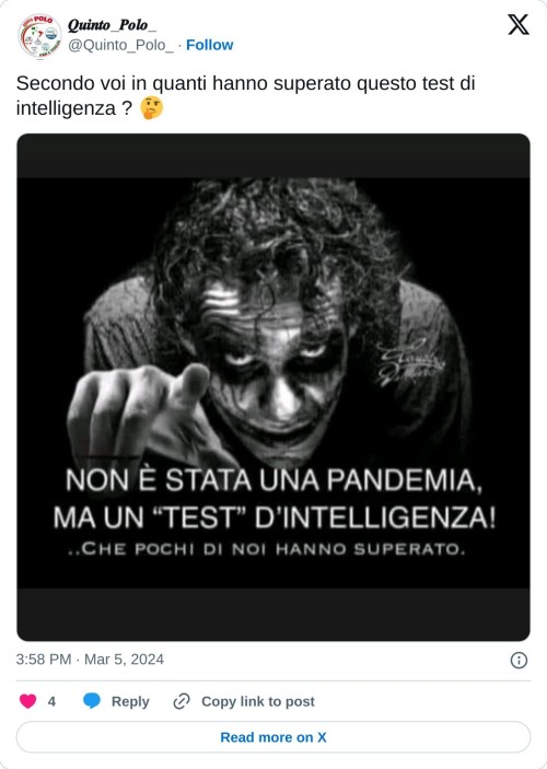 Secondo voi in quanti hanno superato questo test di intelligenza ? 🤔 pic.twitter.com/eg61DlPPVy  — 𝑸𝒖𝒊𝒏𝒕𝒐_𝑷𝒐𝒍𝒐_ (@Quinto_Polo_) March 5, 2024