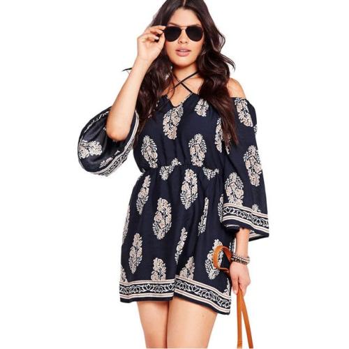 favepiece:Blue Off-Shoulder Dress with Print - Use code TUMBLR10 for a 10% discount!