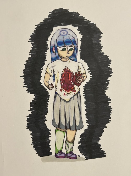Character with blue hair and pale skin looking down at their hand, they’re holding their heart as the front of their rib cage is shattered and their internal organs can be seen. Blood covers their hands and parts of their shirt. Their eyes seem foggy.