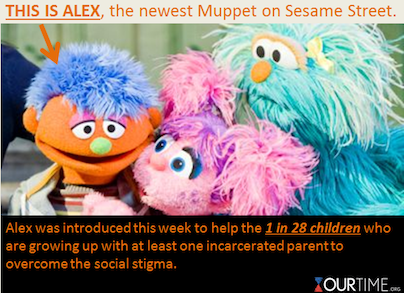 Meet Alex, the newest Muppet on Sesame Street. He’s being introduced this week to help children with an incarcerated parent discuss their feelings about what it’s like growing up with a parent in prison. 1 in 28 children are growing up with at least...