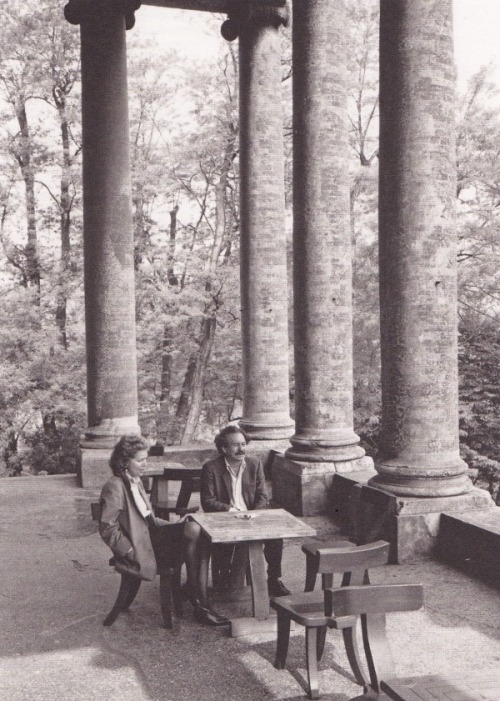 cristopherworthland:  Barbara del Vicario Foscari and Jannis Kounellis on the portico of Villa Fosca