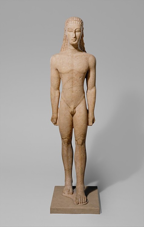 hismarmorealcalm:Naxian marble statue of a Kouros (youth)  circa 590 -580 BC Greek Attic