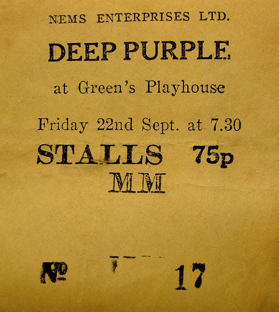 chrisgoesrock:  1972 Deep Purple, Green’s Playhouse Concert Ticket