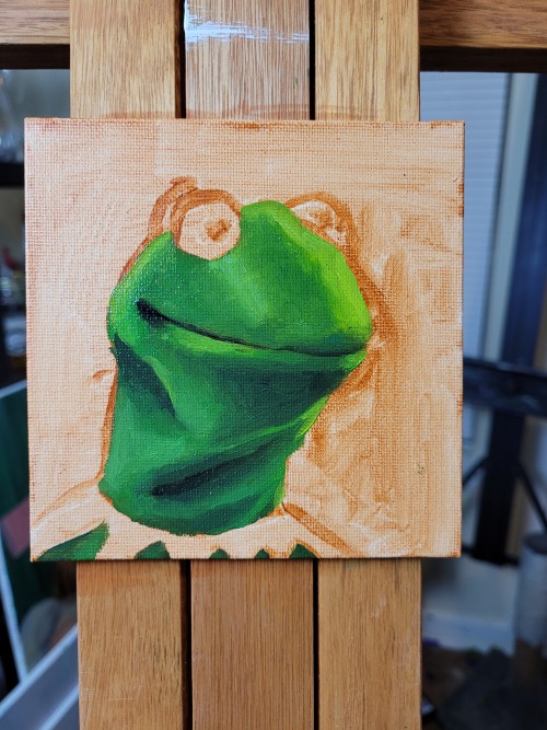 tothechaos:tothechaos:tothechaos:white knuckle gripping it through a silly little oil painting of kermit the frog because i feel disconnected from my body and am desperately trying to not go get another tattoo to solve itoh kermit the frog we’re