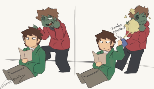 Some doodles of Edd having to deal with his friend being a zombie. 