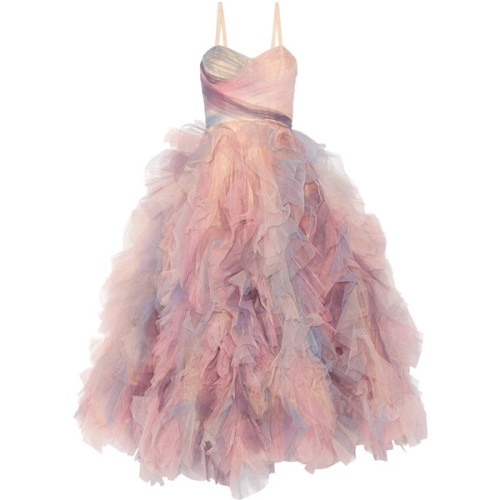 Marchesa Ruffled tulle gown ❤ liked on Polyvore (see more pink evening dresses)