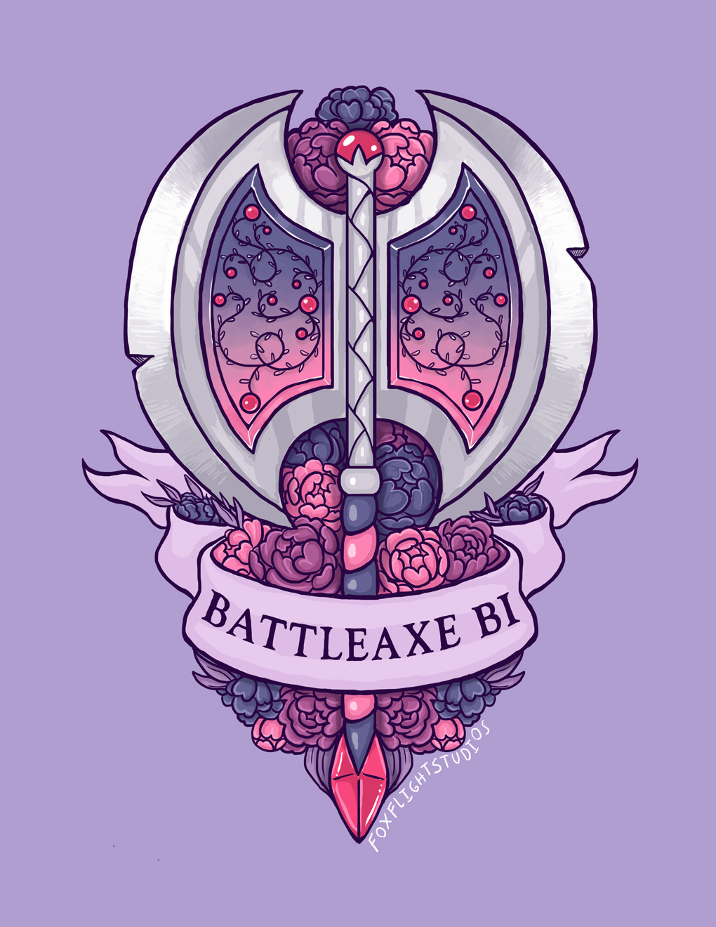 foxflightstudios:
“The second weapon from my Orientation Armory series – Battleaxe Bi!
It’s an axe. It has multiple cutting edges. There’s a joke in here somewhere, I just feel it.
Color inspiration was taken from the Bi flag, which is honestly so...