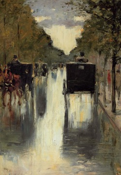 jagkanbliintetal:Lesser Ury (German, 1861-1931), Berlin Street Scene with Horse-Drawn Cabs, c.  1915-20. Oil on canvas, 50.8 x 35.6 cm.