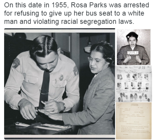 the-real-eye-to-see:1 December 1955. Rosa Parks refused to give her bus seat to a white man in racially segregated Montgomery, Alabama. 