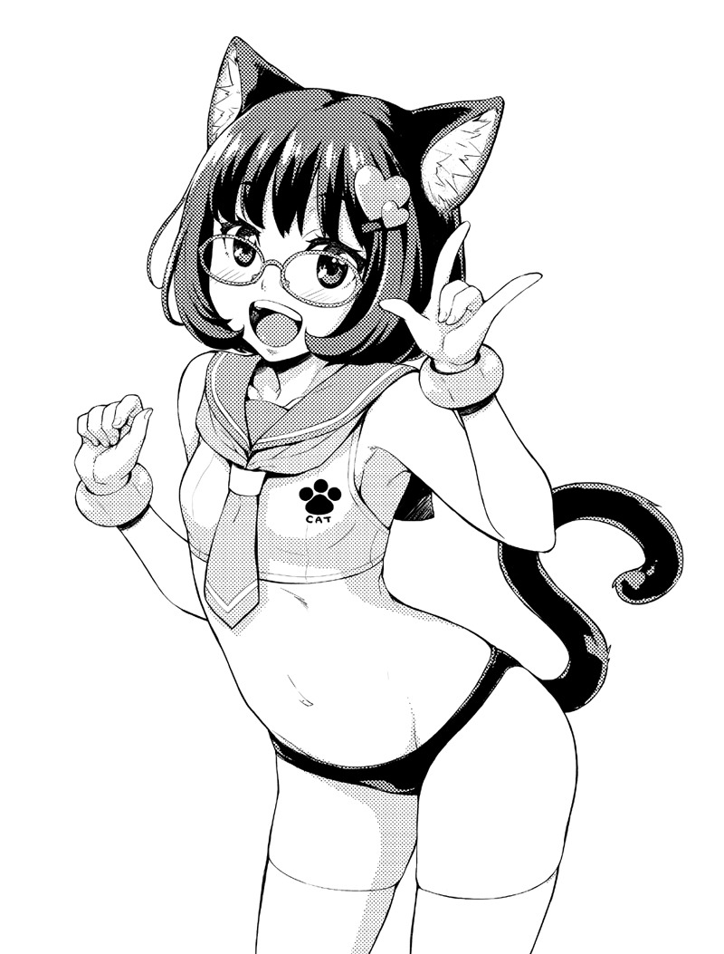 オリジナル、たくろう、白黒、おへそ、パンツ、バングル、ブルマー、ローレグ、ショートヘア、ノースリーブ、ブレスレット、ヘアクリップ、クロップトップ、サイハイソックス、\m/、下着、前かがみ、女一人、学校制服、宝飾、尻尾、セーラー服、猫の尻尾、猫耳、獣耳、眼鏡、笑顔、網点、開口、ハートの髪飾り、髪飾り